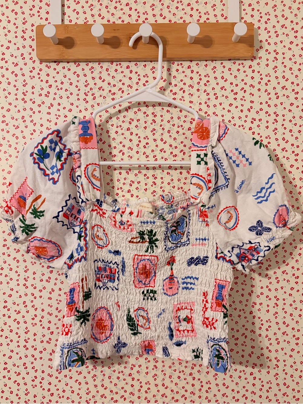 Smocked Puff Sleeve Crop Top in Multi Pattern Print